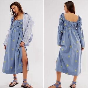 Free People Blue Midi Dress with Yellow Dot Embroidery